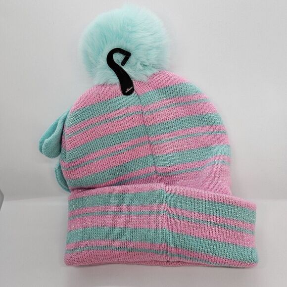 Peppa Pig Beanie Hat and Mittens Set - Pink & Teal Stripes with Pom Pom Toddler - Picture 4 of 10